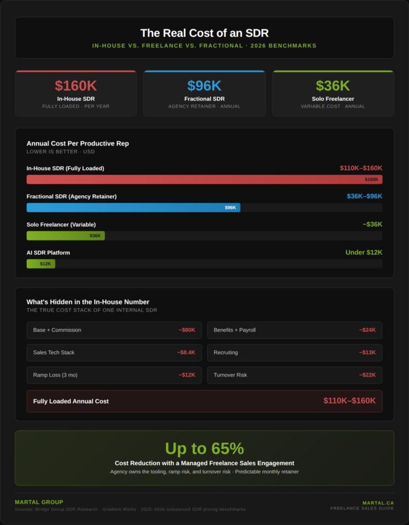 Cost comparison showing fully loaded in-house SDR vs. fractional SDR vs. solo freelancer vs. AI SDR platform annual costs