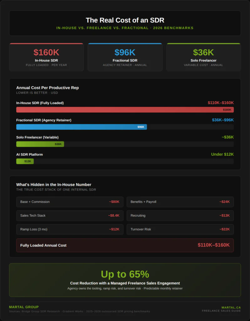 Cost comparison showing fully loaded in-house SDR vs. fractional SDR vs. solo freelancer vs. AI SDR platform annual costs