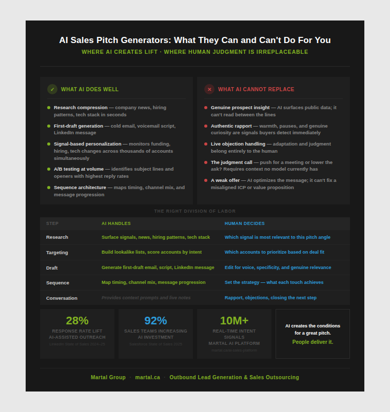 AI sales pitch generator capabilities versus human judgment with a division-of-labor table